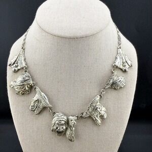 Vintage Peruvian Art Necklace Faces Figural Silver Tone 16"